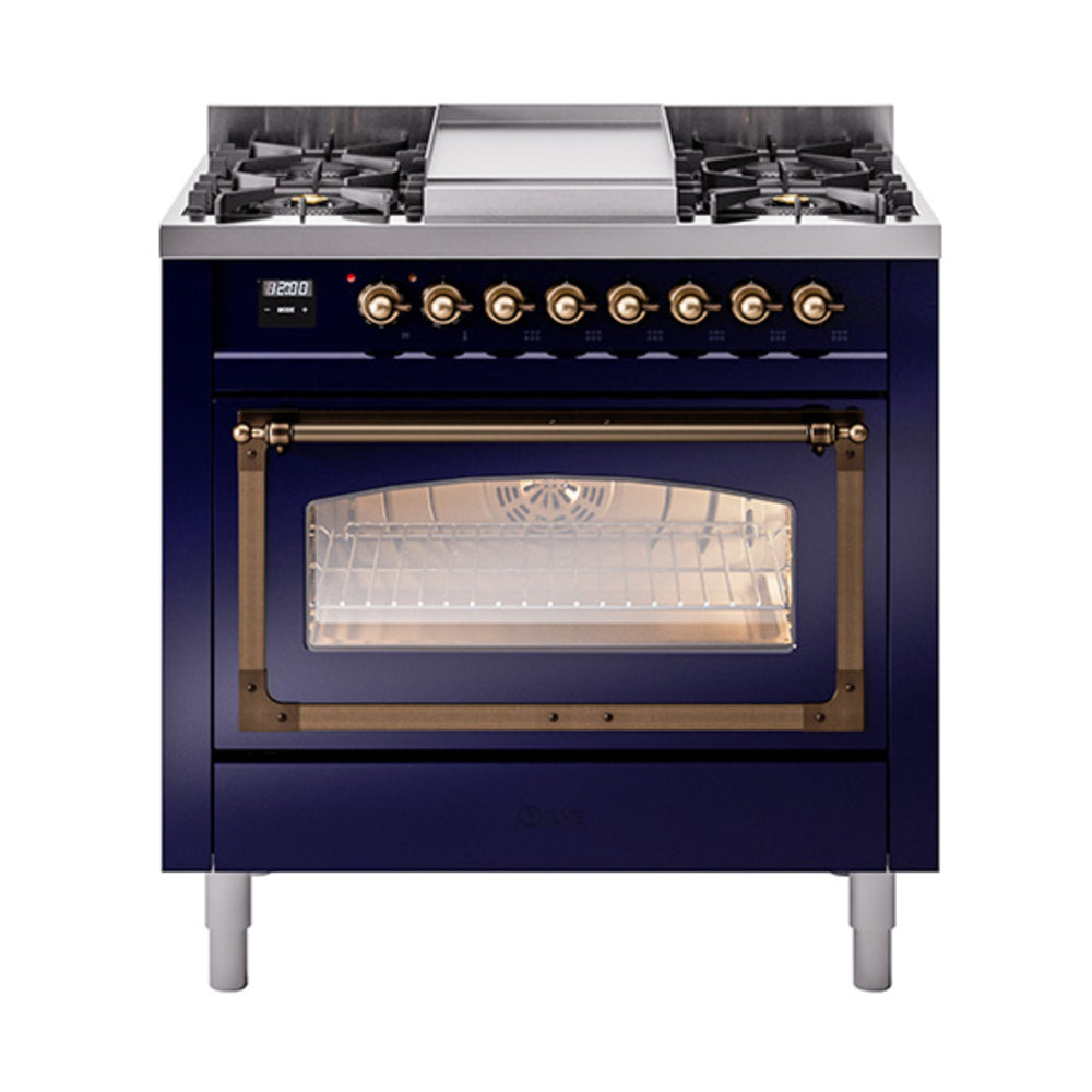 ILVE Nostalgie II Noblesse 36-Inch Natural Gas Dual Fuel Range and Triple Glass Door in Midnight Blue with Bronze Trim (UN36FNMPMBB)