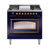 ILVE Nostalgie II Noblesse 36-Inch Natural Gas Dual Fuel Range and Triple Glass Door in Midnight Blue with Bronze Trim (UN36FNMPMBB)