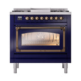 ILVE Nostalgie II Noblesse 36-Inch Natural Gas Dual Fuel Range and Triple Glass Door in Midnight Blue with Bronze Trim (UN36FNMPMBB)