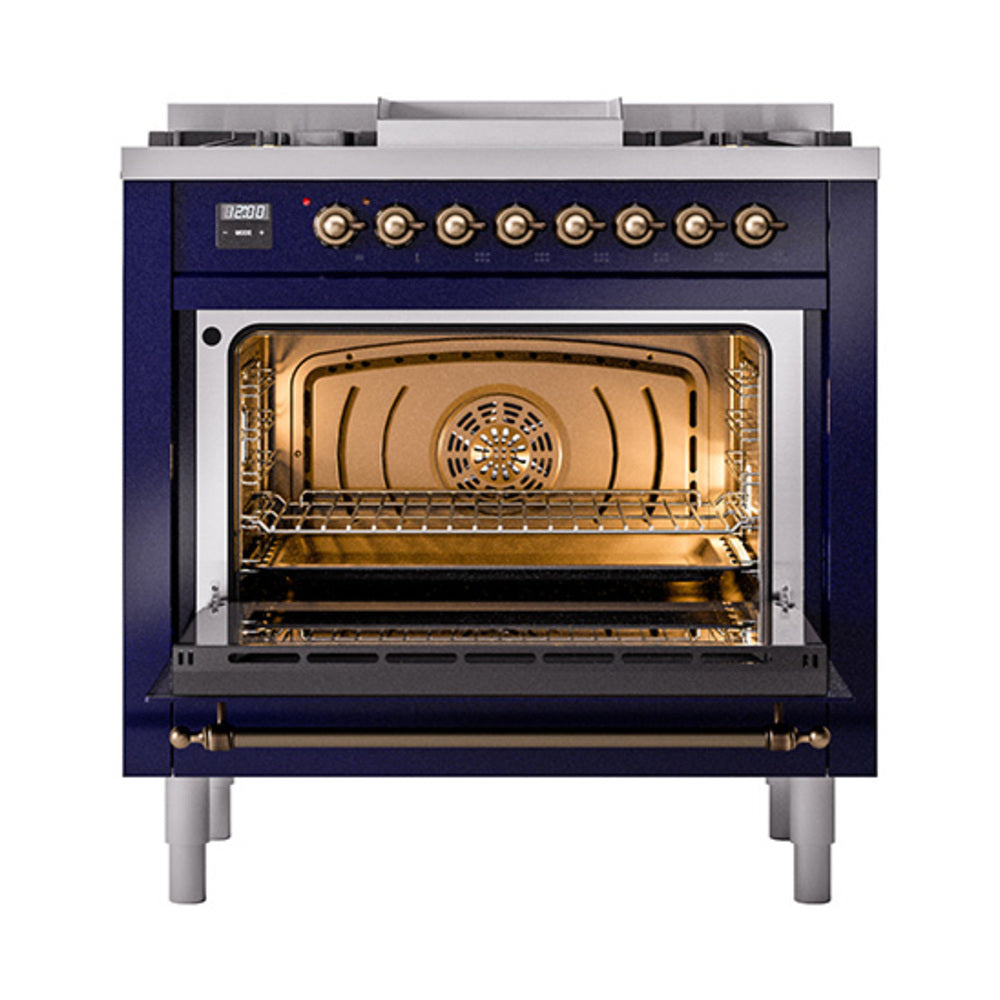 ILVE Nostalgie II Noblesse 36-Inch Natural Gas Dual Fuel Range and Triple Glass Door in Midnight Blue with Bronze Trim (UN36FNMPMBB)
