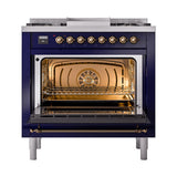 ILVE Nostalgie II Noblesse 36-Inch Natural Gas Dual Fuel Range and Triple Glass Door in Midnight Blue with Bronze Trim (UN36FNMPMBB)