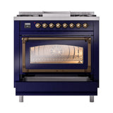 ILVE Nostalgie II Noblesse 36-Inch Natural Gas Dual Fuel Range and Triple Glass Door in Midnight Blue with Bronze Trim (UN36FNMPMBB)