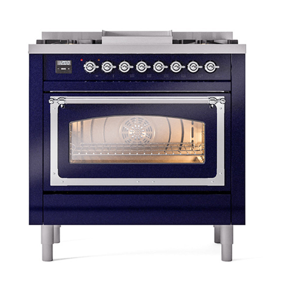 ILVE Nostalgie II Noblesse 36-Inch Natural Gas Dual Fuel Range and Triple Glass Door in Midnight Blue with Chrome Trim (UN36FNMPMBC)