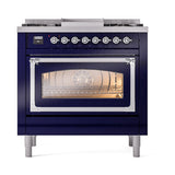 ILVE Nostalgie II Noblesse 36-Inch Natural Gas Dual Fuel Range and Triple Glass Door in Midnight Blue with Chrome Trim (UN36FNMPMBC)