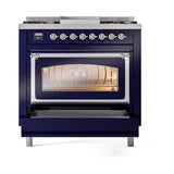 ILVE Nostalgie II Noblesse 36-Inch Natural Gas Dual Fuel Range and Triple Glass Door in Midnight Blue with Chrome Trim (UN36FNMPMBC)