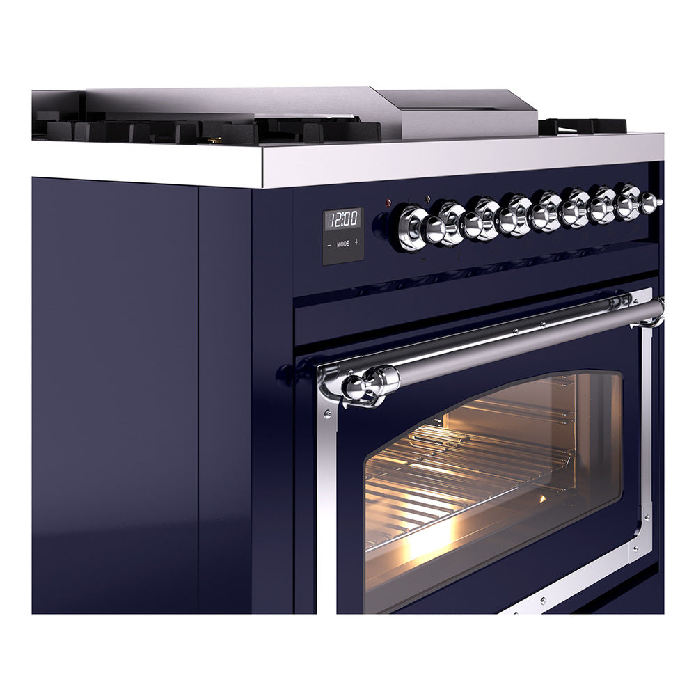 ILVE Nostalgie II Noblesse 36-Inch Natural Gas Dual Fuel Range and Triple Glass Door in Midnight Blue with Chrome Trim (UN36FNMPMBC)