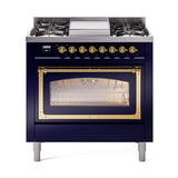 ILVE Nostalgie II Noblesse 36-Inch Natural Gas Dual Fuel Range and Triple Glass Door in Midnight Blue with Brass Trim (UN36FNMPMBG)