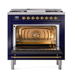 ILVE Nostalgie II Noblesse 36-Inch Natural Gas Dual Fuel Range and Triple Glass Door in Midnight Blue with Brass Trim (UN36FNMPMBG)
