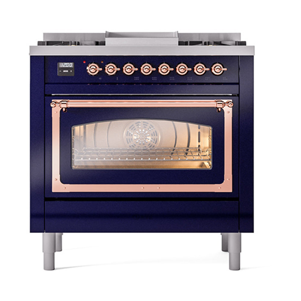 ILVE Nostalgie II Noblesse 36-Inch Natural Gas Dual Fuel Range and Triple Glass Door in Midnight Blue with Copper Trim (UN36FNMPMBP)