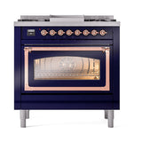 ILVE Nostalgie II Noblesse 36-Inch Natural Gas Dual Fuel Range and Triple Glass Door in Midnight Blue with Copper Trim (UN36FNMPMBP)