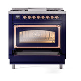ILVE Nostalgie II Noblesse 36-Inch Natural Gas Dual Fuel Range and Triple Glass Door in Midnight Blue with Copper Trim (UN36FNMPMBP)