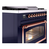 ILVE Nostalgie II Noblesse 36-Inch Natural Gas Dual Fuel Range and Triple Glass Door in Midnight Blue with Copper Trim (UN36FNMPMBP)