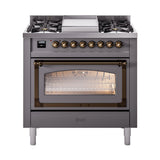 ILVE Nostalgie II Noblesse 36-Inch Propane Gas Dual Fuel Range and Triple Glass Door in Matte Graphite with Bronze Trim (UN36FNMPMGBLP)