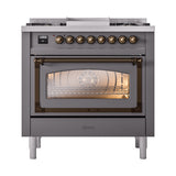 ILVE Nostalgie II Noblesse 36-Inch Natural Gas Dual Fuel Range and Triple Glass Door in Matte Graphite with Bronze Trim (UN36FNMPMGB)