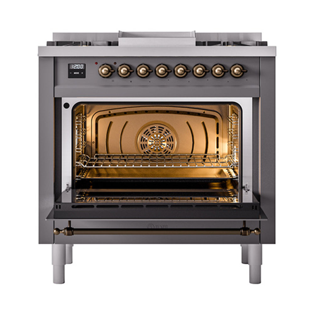 ILVE Nostalgie II Noblesse 36-Inch Propane Gas Dual Fuel Range and Triple Glass Door in Matte Graphite with Bronze Trim (UN36FNMPMGBLP)
