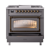ILVE Nostalgie II Noblesse 36-Inch Propane Gas Dual Fuel Range and Triple Glass Door in Matte Graphite with Bronze Trim (UN36FNMPMGBLP)