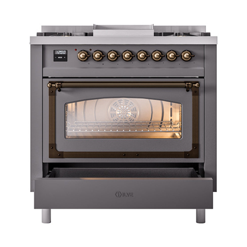 ILVE Nostalgie II Noblesse 36-Inch Natural Gas Dual Fuel Range and Triple Glass Door in Matte Graphite with Bronze Trim (UN36FNMPMGB)