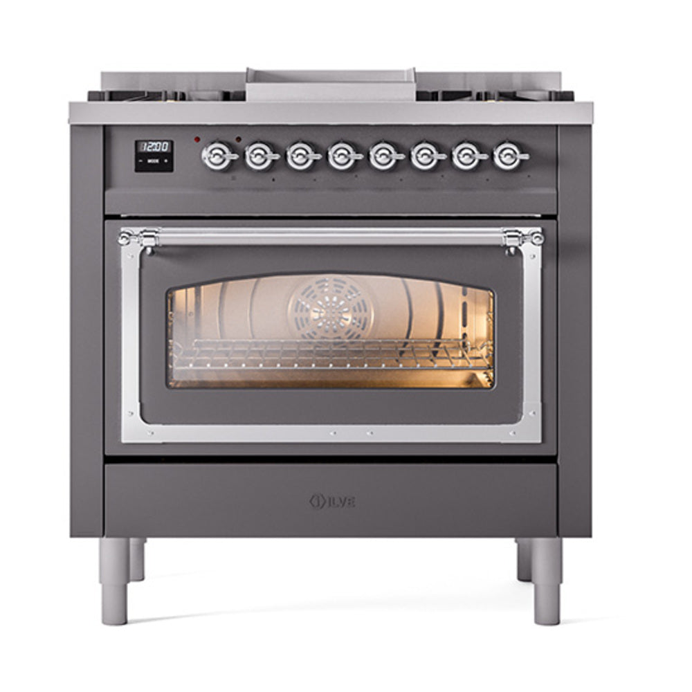 ILVE Nostalgie II Noblesse 36-Inch Natural Gas Dual Fuel Range and Triple Glass Door in Matte Graphite with Chrome Trim (UN36FNMPMGC)