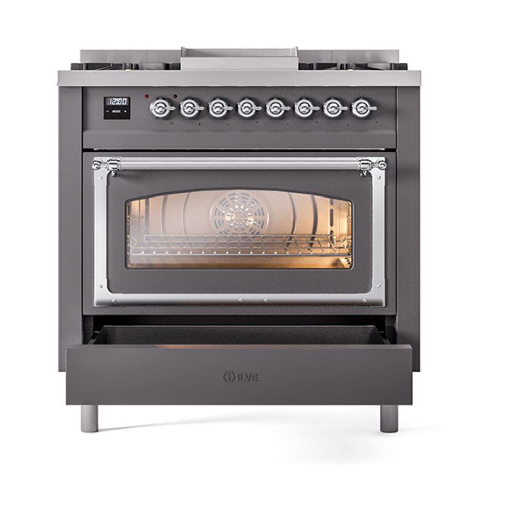 ILVE Nostalgie II Noblesse 36-Inch Natural Gas Dual Fuel Range and Triple Glass Door in Matte Graphite with Chrome Trim (UN36FNMPMGC)