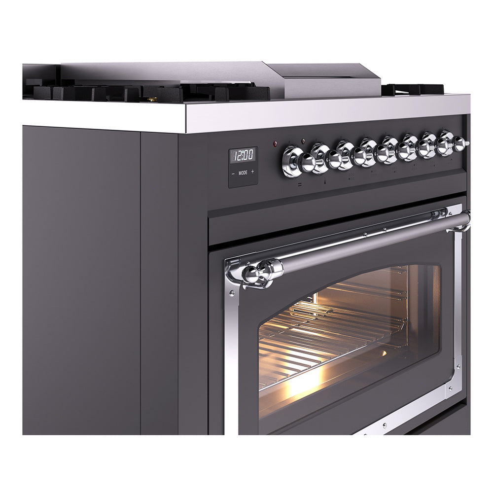 ILVE Nostalgie II Noblesse 36-Inch Natural Gas Dual Fuel Range and Triple Glass Door in Matte Graphite with Chrome Trim (UN36FNMPMGC)