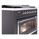 ILVE Nostalgie II Noblesse 36-Inch Natural Gas Dual Fuel Range and Triple Glass Door in Matte Graphite with Chrome Trim (UN36FNMPMGC)