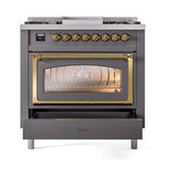 ILVE Nostalgie II Noblesse 36-Inch Natural Gas Dual Fuel Range and Triple Glass Door in Matte Graphite with Brass Trim (UN36FNMPMGG)