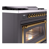 ILVE Nostalgie II Noblesse 36-Inch Propane Gas Dual Fuel Range and Triple Glass Door in Matte Graphite with Brass Trim (UN36FNMPMGGLP)
