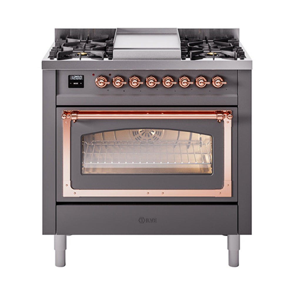 ILVE Nostalgie II Noblesse 36-Inch Propane Gas Dual Fuel Range and Triple Glass Door in Matte Graphite with Copper Trim (UN36FNMPMGPLP)