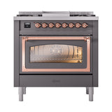 ILVE Nostalgie II Noblesse 36-Inch Propane Gas Dual Fuel Range and Triple Glass Door in Matte Graphite with Copper Trim (UN36FNMPMGPLP)