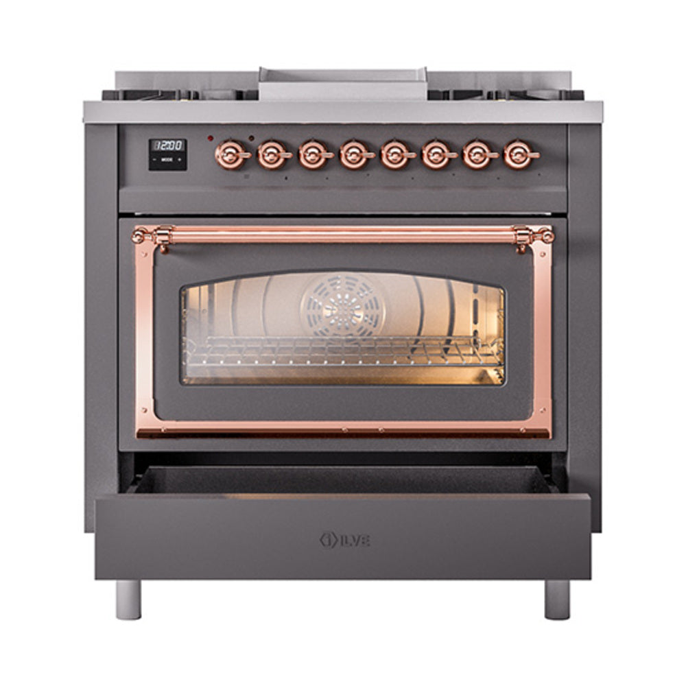 ILVE Nostalgie II Noblesse 36-Inch Propane Gas Dual Fuel Range and Triple Glass Door in Matte Graphite with Copper Trim (UN36FNMPMGPLP)