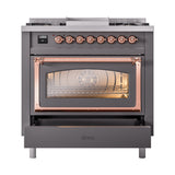 ILVE Nostalgie II Noblesse 36-Inch Propane Gas Dual Fuel Range and Triple Glass Door in Matte Graphite with Copper Trim (UN36FNMPMGPLP)