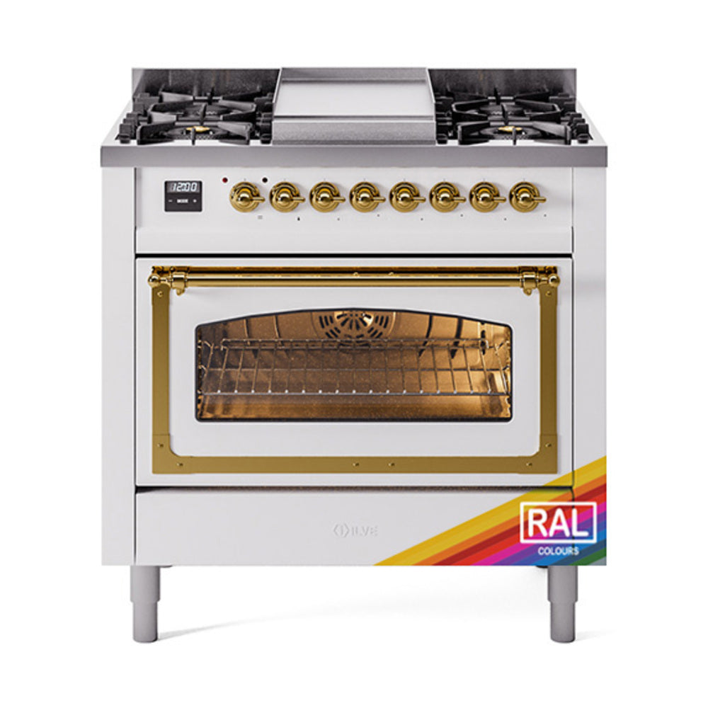 ILVE Nostalgie II Noblesse 36-Inch Natural Gas Dual Fuel Range and Triple Glass Door in RAL with Brass Trim (UN36FNMPRAG)