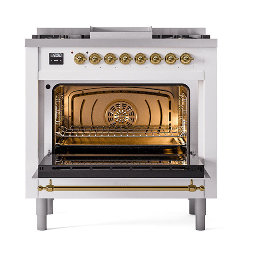 ILVE Nostalgie II Noblesse 36-Inch Natural Gas Dual Fuel Range and Triple Glass Door in RAL with Brass Trim (UN36FNMPRAG)