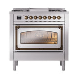 ILVE Nostalgie II Noblesse 36-Inch Natural Gas Dual Fuel Range and Triple Glass Door in Stainless Steel with Bronze Trim (UN36FNMPSSB)