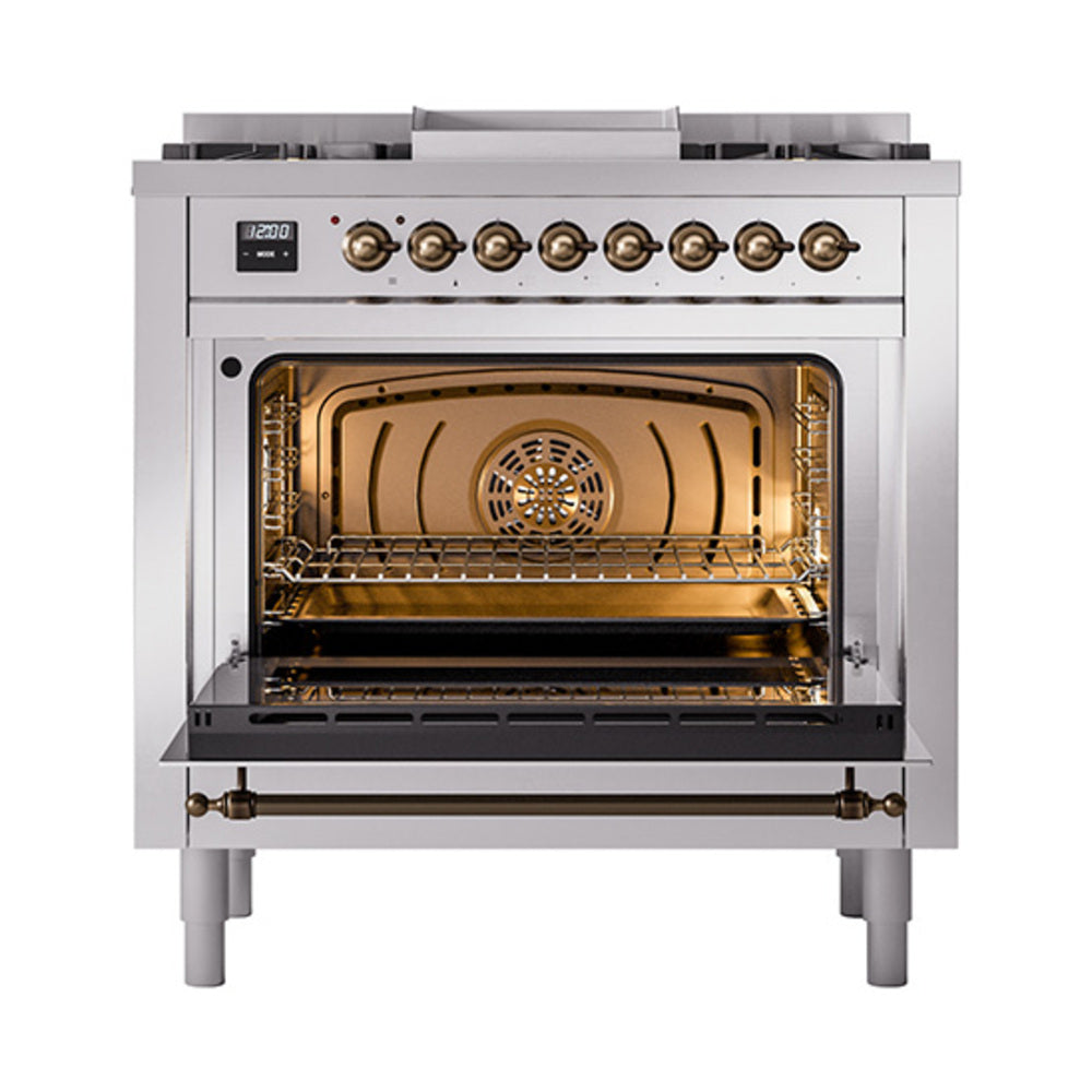 ILVE Nostalgie II Noblesse 36-Inch Natural Gas Dual Fuel Range and Triple Glass Door in Stainless Steel with Bronze Trim (UN36FNMPSSB)