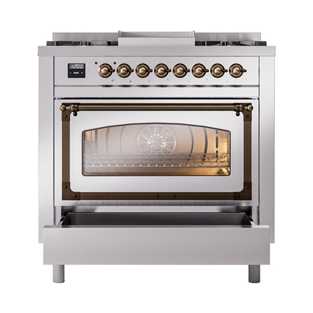 ILVE Nostalgie II Noblesse 36-Inch Natural Gas Dual Fuel Range and Triple Glass Door in Stainless Steel with Bronze Trim (UN36FNMPSSB)