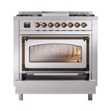 ILVE Nostalgie II Noblesse 36-Inch Natural Gas Dual Fuel Range and Triple Glass Door in Stainless Steel with Bronze Trim (UN36FNMPSSB)