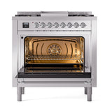 ILVE Nostalgie II Noblesse 36-Inch Natural Gas Dual Fuel Range and Triple Glass Door in Stainless Steel with Chrome Trim (UN36FNMPSSC)