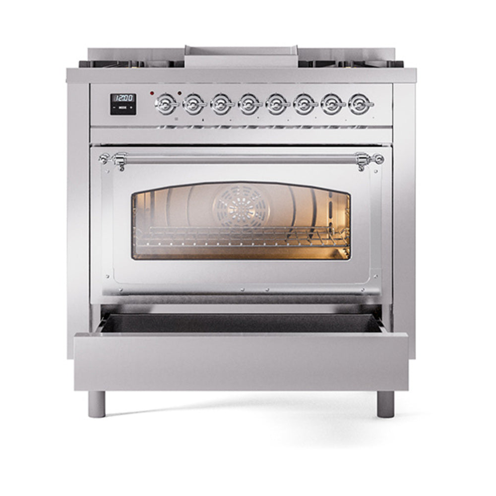 ILVE Nostalgie II Noblesse 36-Inch Natural Gas Dual Fuel Range and Triple Glass Door in Stainless Steel with Chrome Trim (UN36FNMPSSC)
