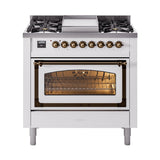 ILVE Nostalgie II Noblesse 36-Inch Natural Gas Dual Fuel Range and Triple Glass Door in White with Bronze Trim (UN36FNMPWHB)