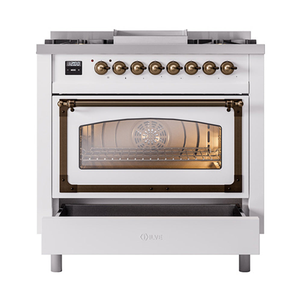 ILVE Nostalgie II Noblesse 36-Inch Natural Gas Dual Fuel Range and Triple Glass Door in White with Bronze Trim (UN36FNMPWHB)