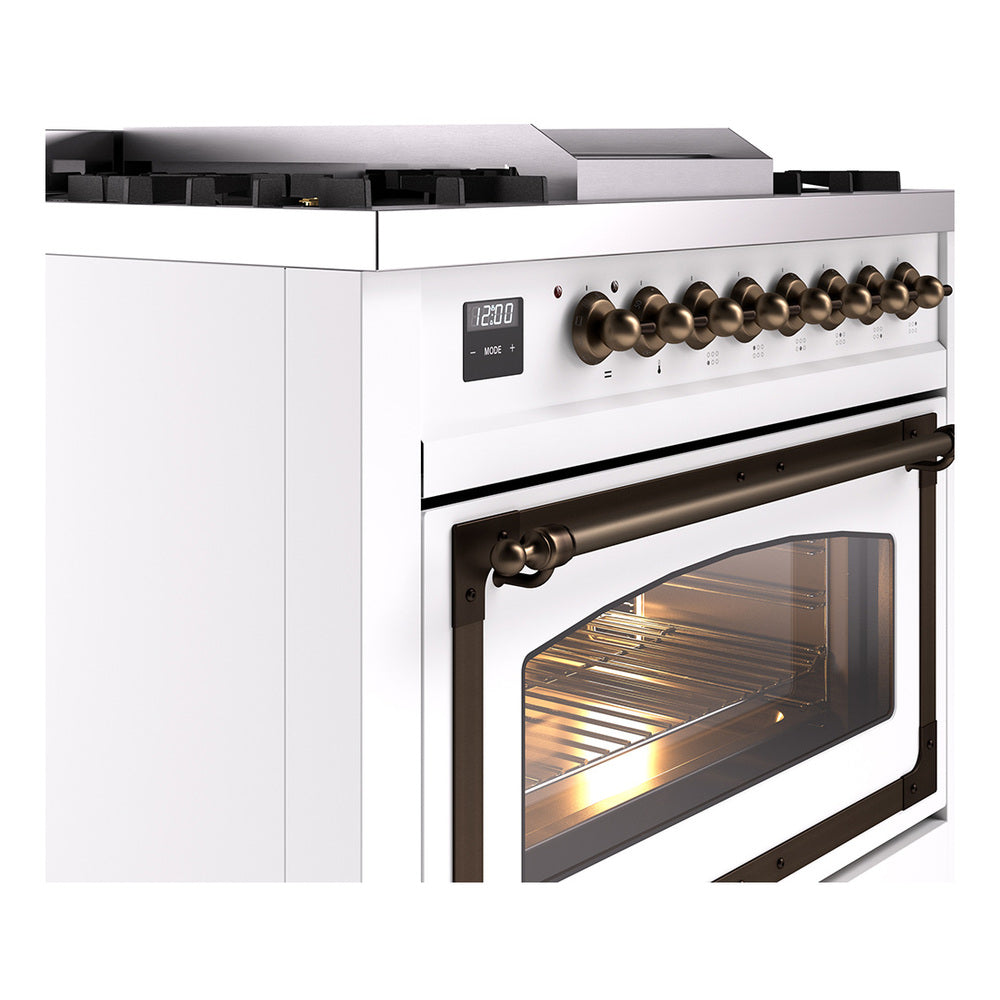 ILVE Nostalgie II Noblesse 36-Inch Natural Gas Dual Fuel Range and Triple Glass Door in White with Bronze Trim (UN36FNMPWHB)