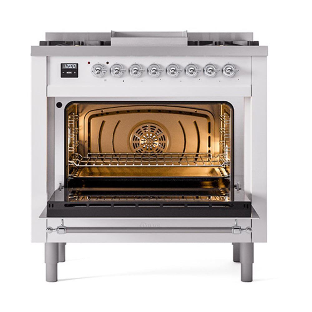 ILVE Nostalgie II Noblesse 36-Inch Natural Gas Dual Fuel Range and Triple Glass Door in White with Chrome Trim (UN36FNMPWHC)