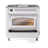 ILVE Nostalgie II Noblesse 36-Inch Natural Gas Dual Fuel Range and Triple Glass Door in White with Chrome Trim (UN36FNMPWHC)