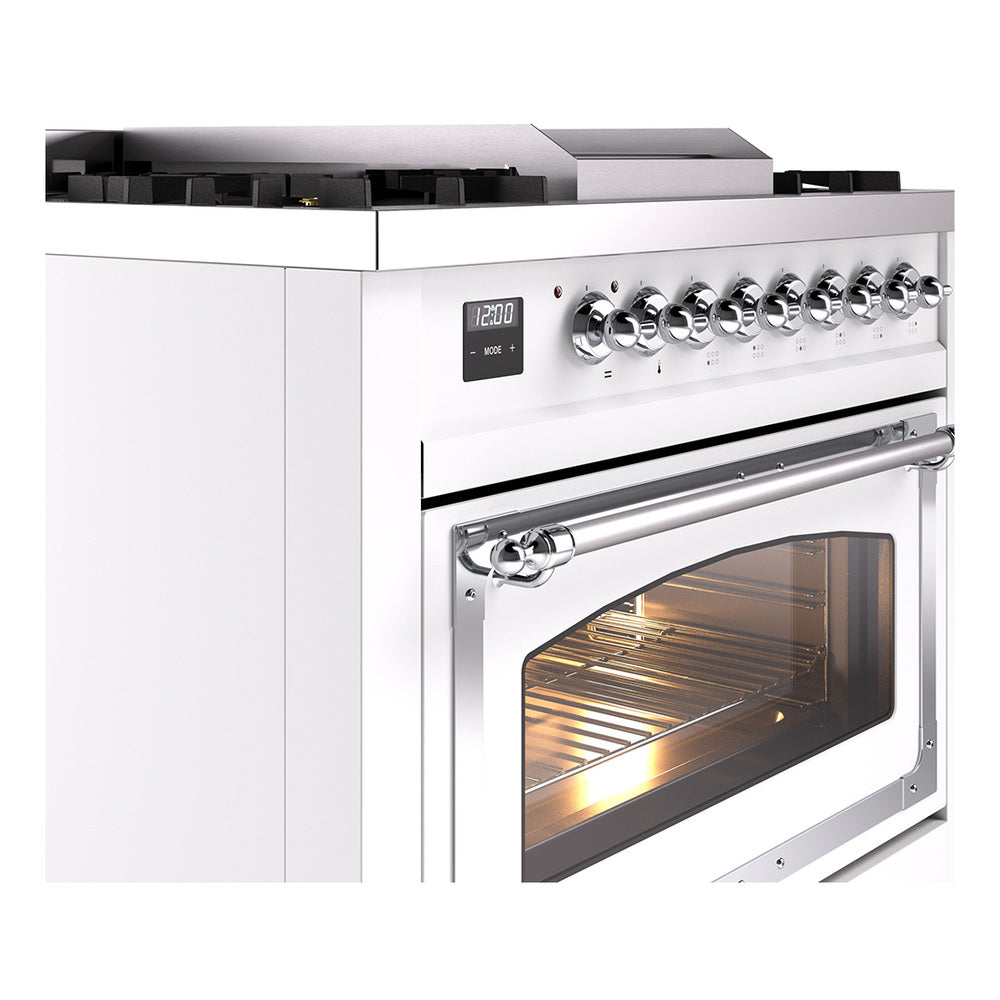 ILVE Nostalgie II Noblesse 36-Inch Natural Gas Dual Fuel Range and Triple Glass Door in White with Chrome Trim (UN36FNMPWHC)