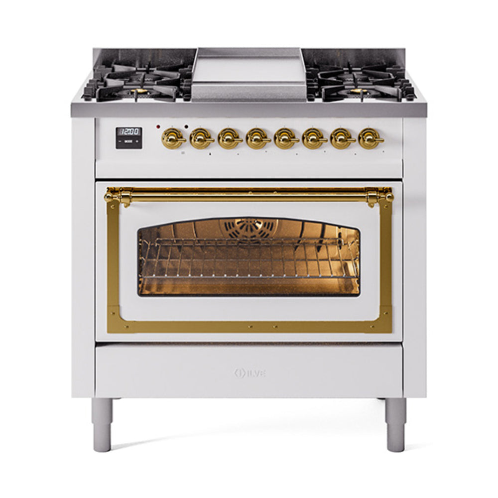 ILVE Nostalgie II Noblesse 36-Inch Natural Gas Dual Fuel Range and Triple Glass Door in White with Brass Trim (UN36FNMPWHG)