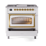 ILVE Nostalgie II Noblesse 36-Inch Natural Gas Dual Fuel Range and Triple Glass Door in White with Brass Trim (UN36FNMPWHG)