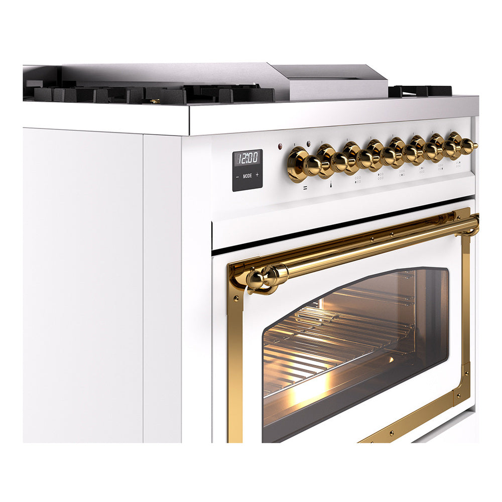 ILVE Nostalgie II Noblesse 36-Inch Natural Gas Dual Fuel Range and Triple Glass Door in White with Brass Trim (UN36FNMPWHG)