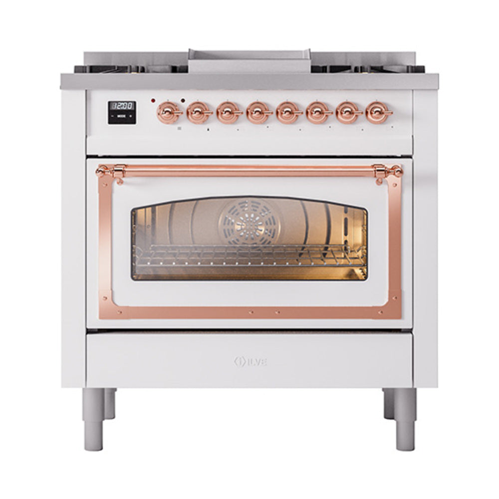 ILVE Nostalgie II Noblesse 36-Inch Natural Gas Dual Fuel Range and Triple Glass Door in White with Copper Trim (UN36FNMPWHP)