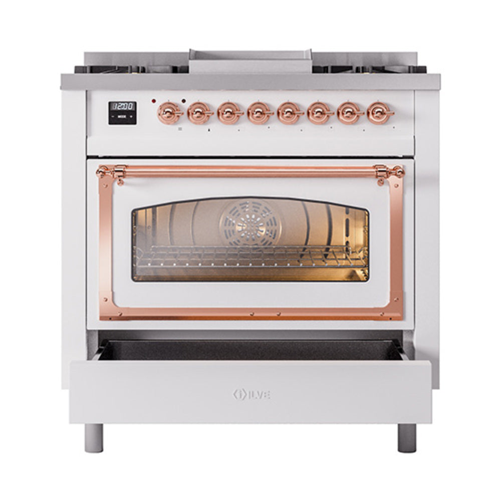 ILVE Nostalgie II Noblesse 36-Inch Natural Gas Dual Fuel Range and Triple Glass Door in White with Copper Trim (UN36FNMPWHP)